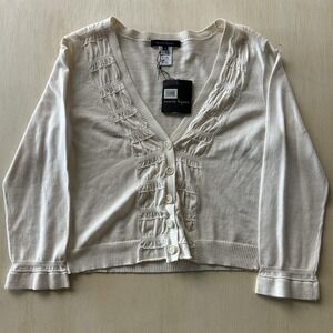 Nanette Lepore Cardigan Sweater Womens Medium Cream Ruffle Knit V Neck